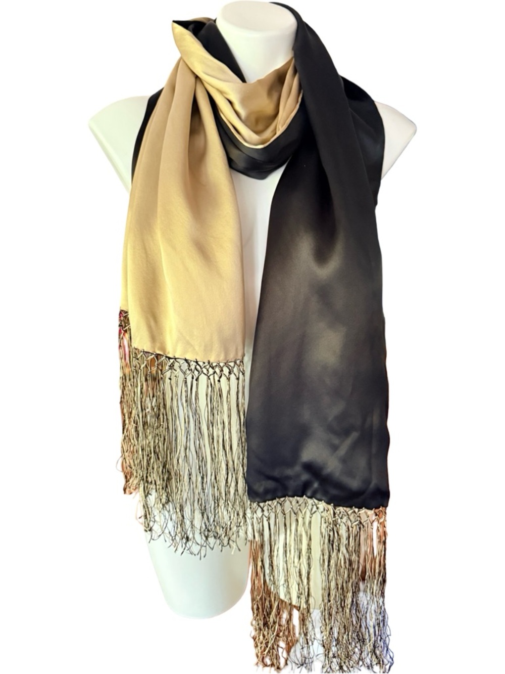 Reversible Black Gold Satin Wrap Scarf Shawl Fringe Boho Evening Party 86x20”